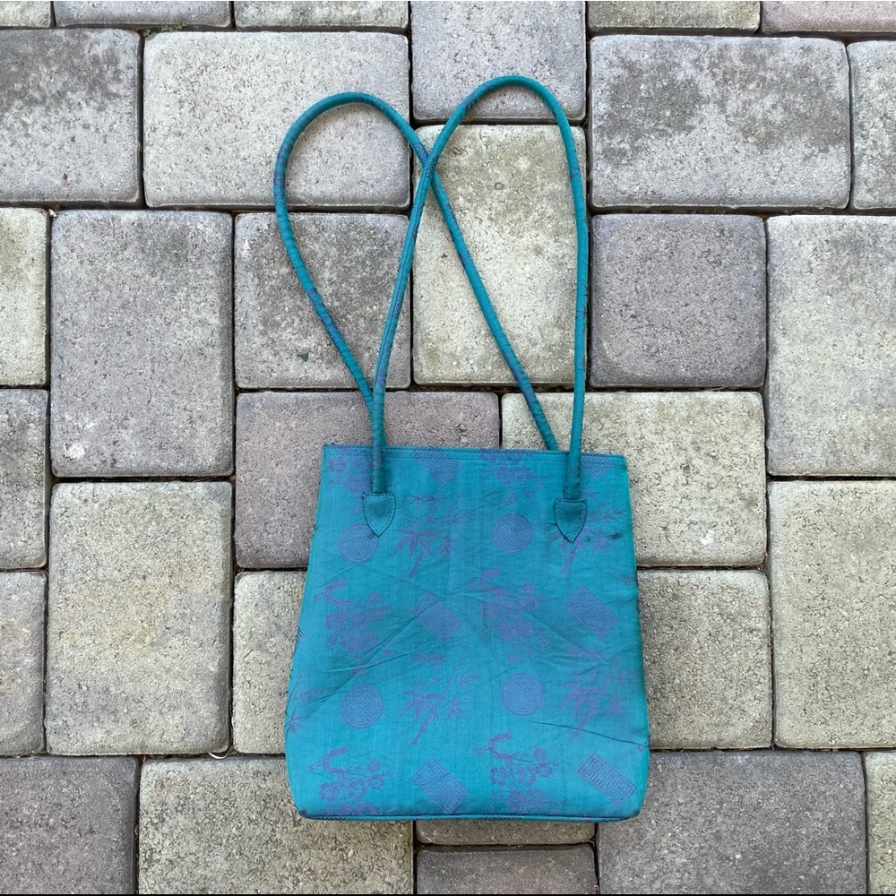 Asian Print Shoulder Tote with Zipper Closure